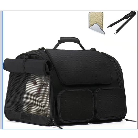 Small Cat Dog Soft Carrier Black Mesh Windows Storage Pockets Airline Approved - Picture 1 of 6